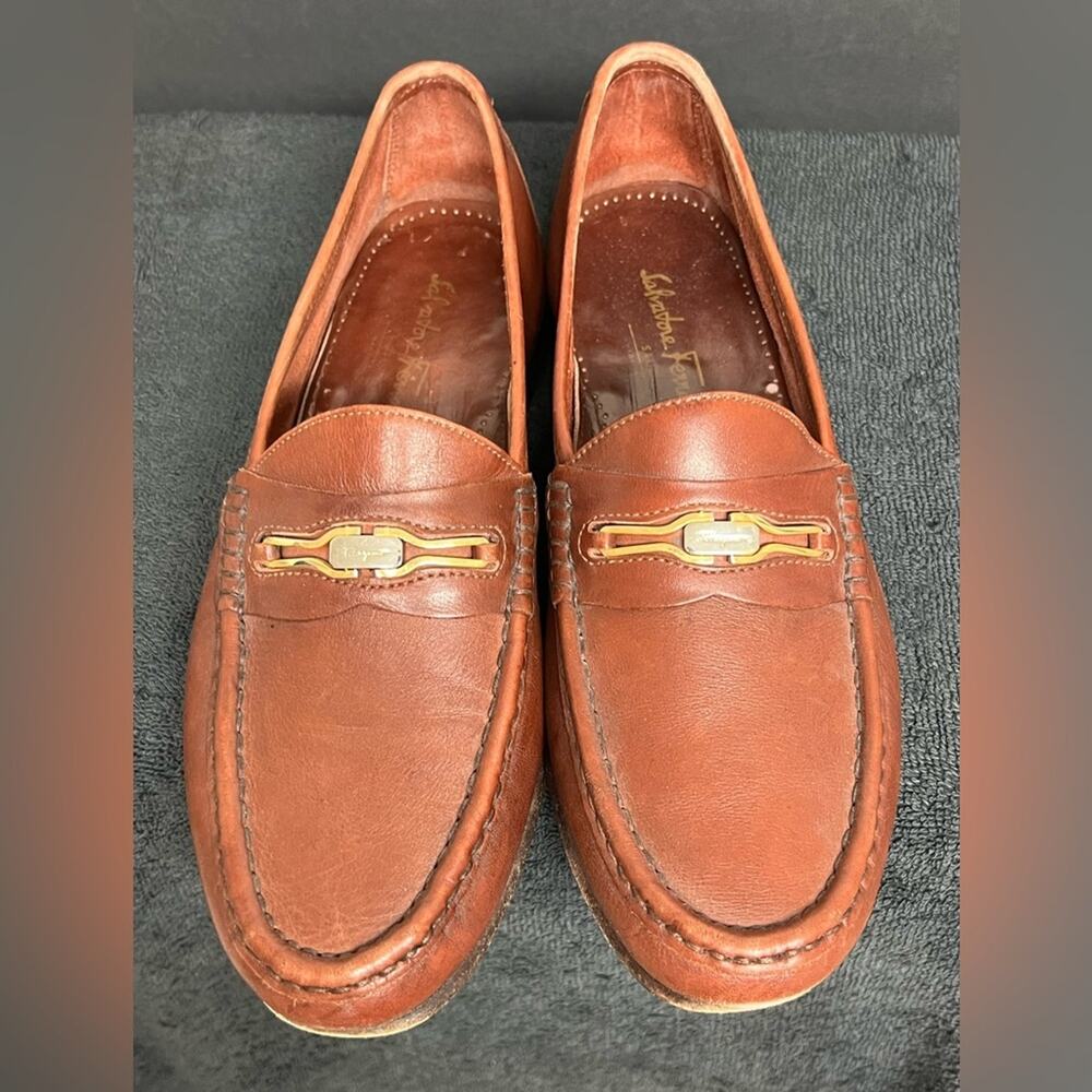 Salvatore Ferragamo Silver Gold Gancini Bit loafers 8.5 D Soft Brown Leather